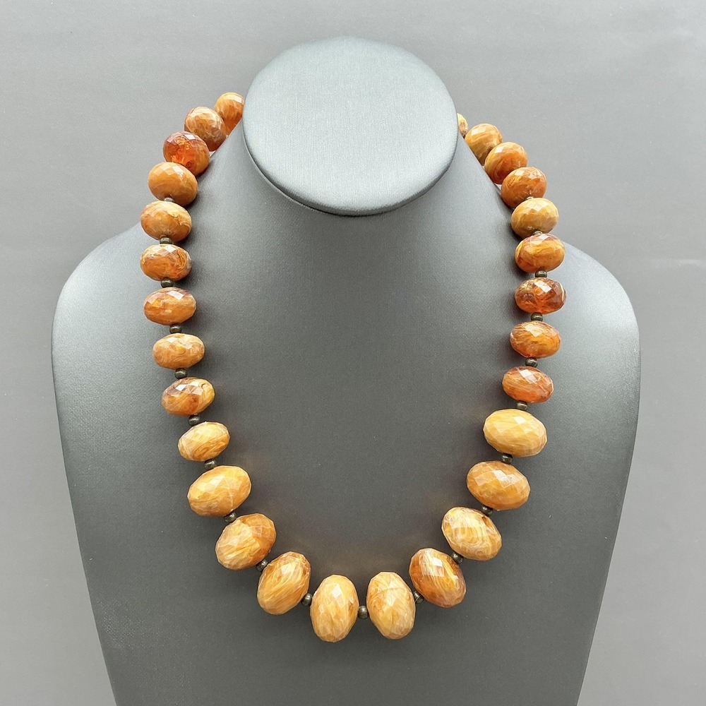 Avon Necklace Brown Marbled Resin Beaded Statement Brass Tone Lobster Womens